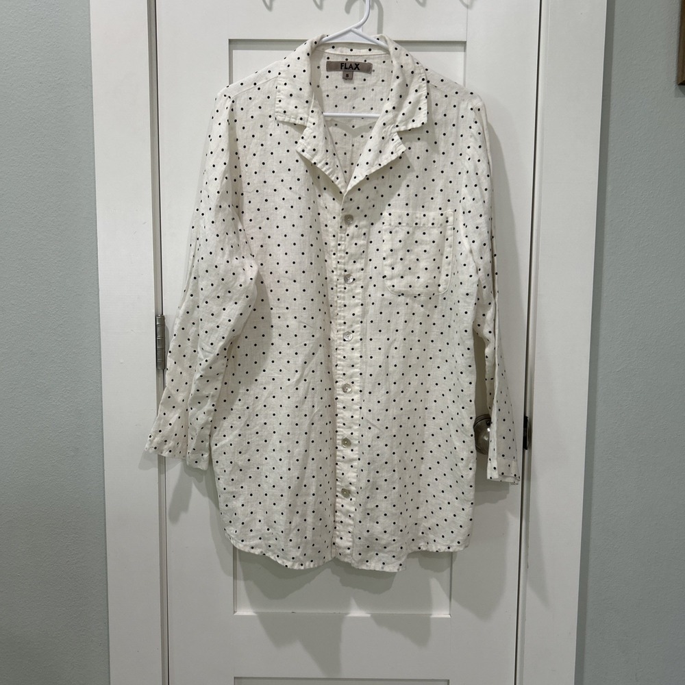 Flax Linen White/Black Polka Dot Top Button Down Sz Small Lagenlook